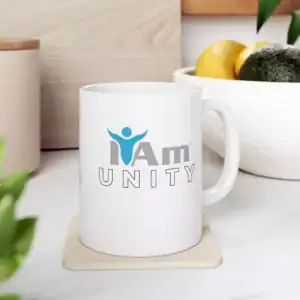 Celebratory ceramic mug featuring "I Am Unity" message, perfect for inspiring daily positivity and c.