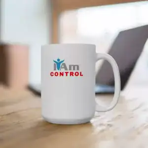 Custom "I Am Control" ceramic mug with motivational design for daily empowerment.