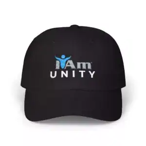 Black dad cap with embroidered "I Am Unity" logo, perfect for casual wear and promoting unity.