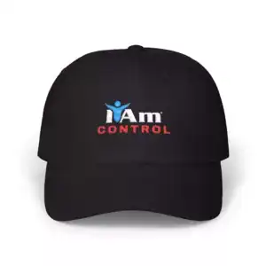 Black embroidered baseball cap with "I Am Control" logo, perfect for casual wear and branding.