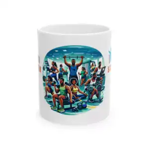 Empowerment and strength theme on a ceramic mug with diverse individuals working out together.