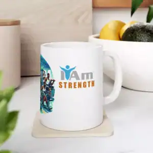 Empowering "I Am Strength" graphic ceramic mug with motivational design for building resilience and.