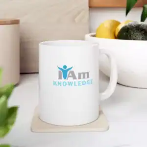 Empowerment ceramic mug with "I Am Knowledge" message, perfect for inspiring daily learning and grow.